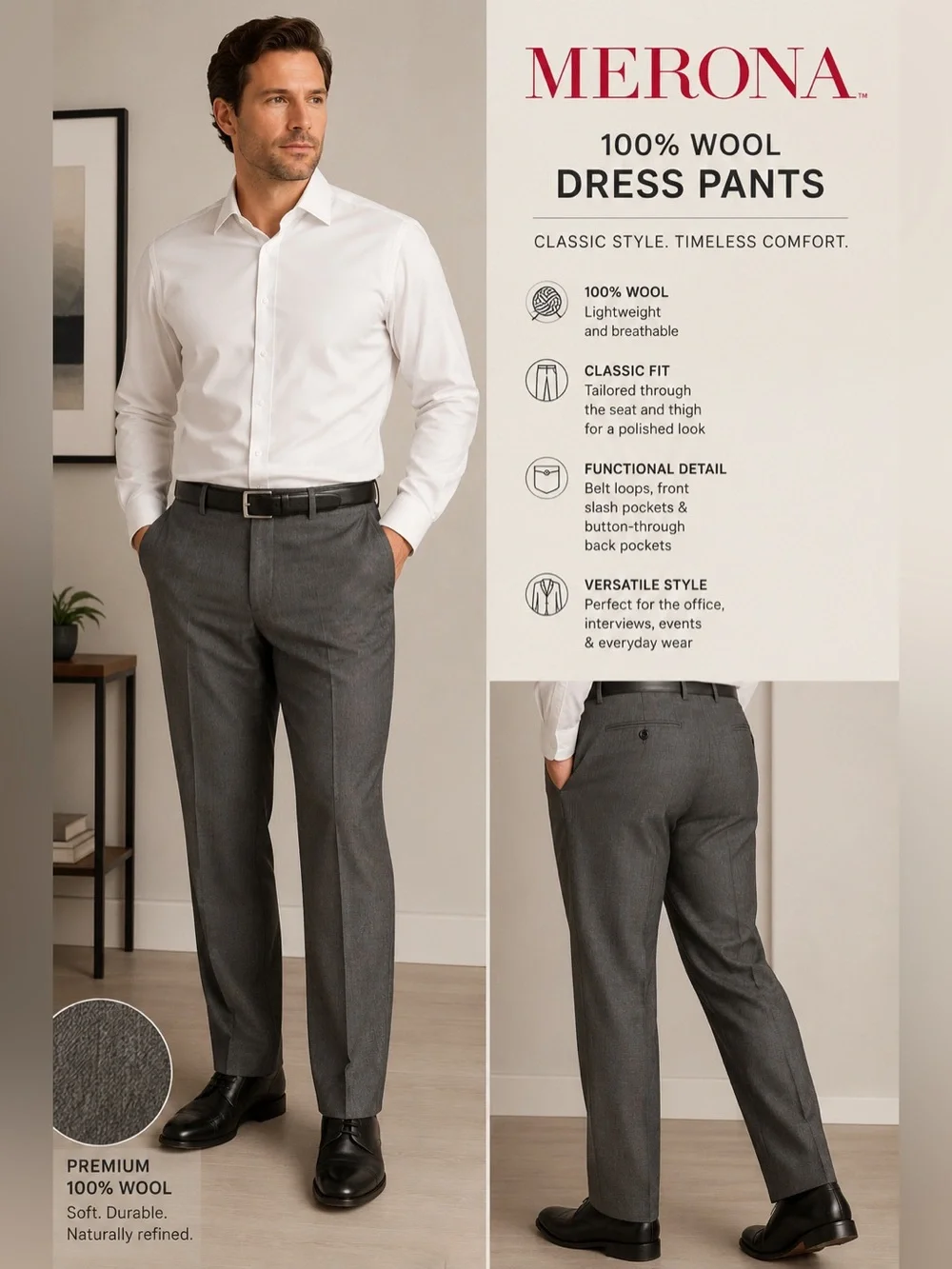 Merona 100% Wool Gray Dress Pants Men’s 38x30 Flat Front